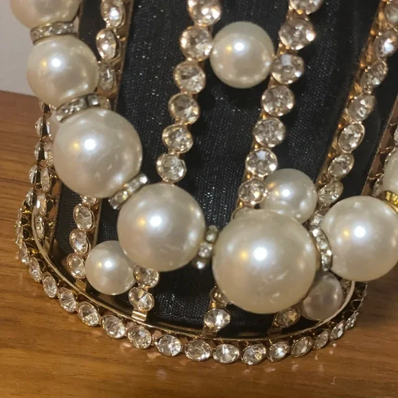 Metallic Cage Evening Bag with Pearls & Rhinestones Bucket Clutch Purse - Picture 9 of 14